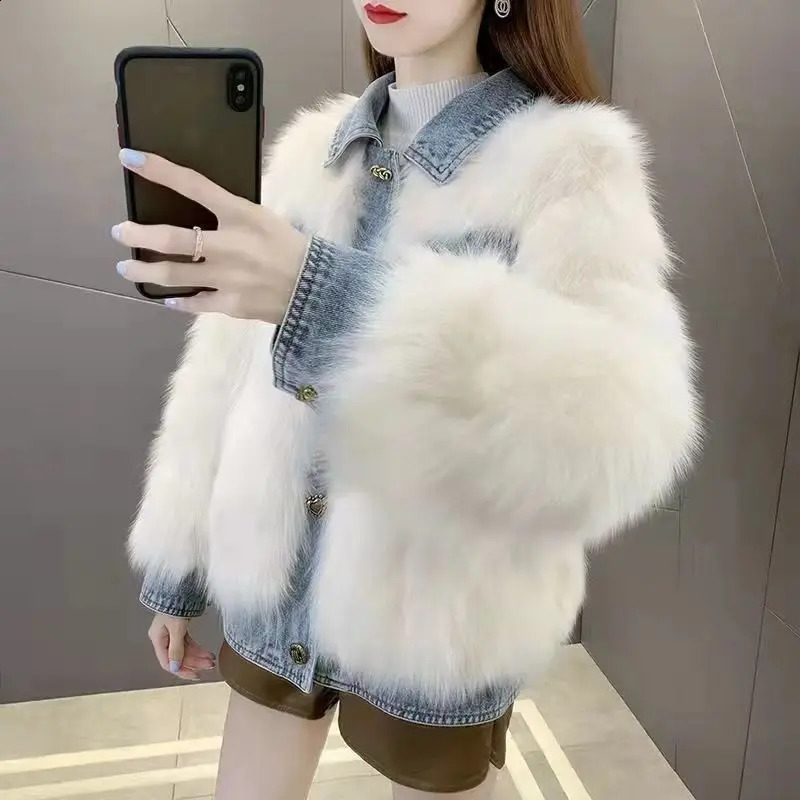 Fashionable womens synthetic mink denim patchwork jacket synthetic fox fur thick denim jacket soft padded open top wool bomber fluffy park top 241210