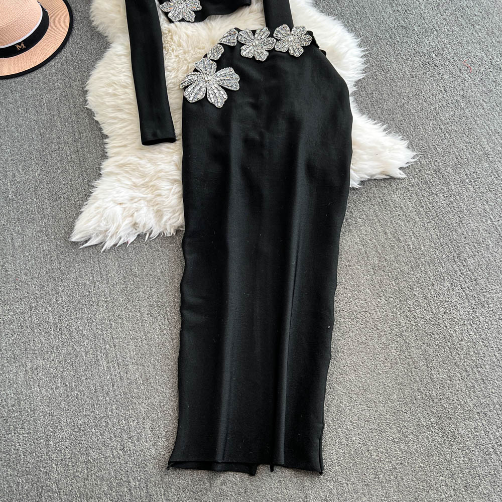 TWOTWINSTYLE Solid Spliced Dias Two Piece Set For Women O Neck Long Sleeve Top High Waist Slim Skirt Sets Female Kse517939