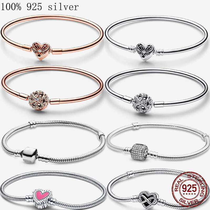 Authentic Sier Snake Chain Clasp Charm Bracelet Fit Original European Bead Pendant Bangle Jewelry Making Accessories Gift
