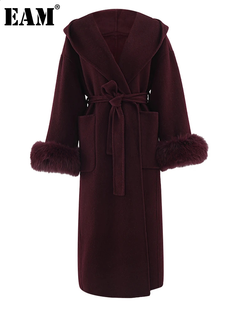 EAM wine red fur cuffs large size long wool coat hooded long sleeved womens jacket fashionable trend winter CPG2467 241205