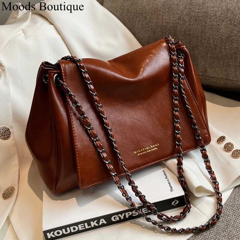 MOODS Retro Shoulder Bags For Women 2023 Designer Luxury Handbag Chic Chain Soft PU Leather Big Capacity Crossbody Messenger BagC241211