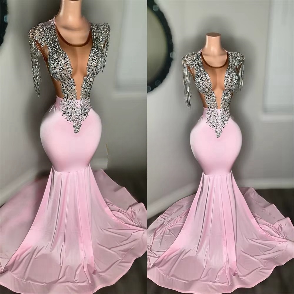 Sier Tassels Crystal Customized Pink Mermaid Prom For Black Girls African Birthday Party Dress Eening Gown O Neck robe