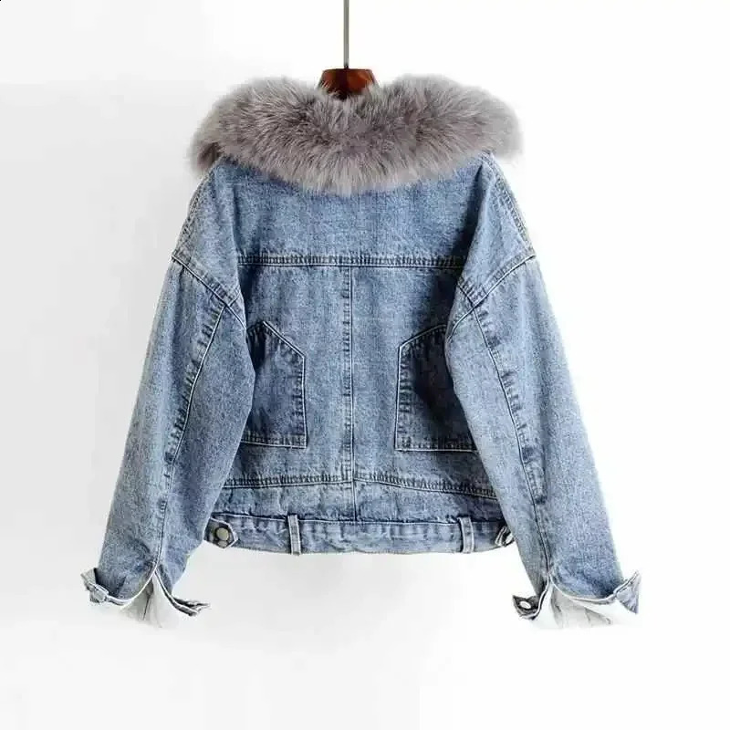 Crop womens denim jacket lined with fur plush warm shorts winter used for refrigerated womens denim jacket small wool inner and outer sleeves 241210