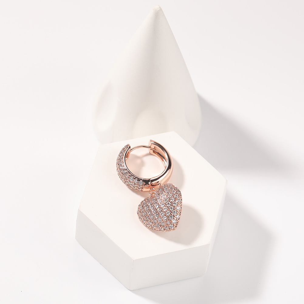 Hip Hop Cubic Zircon Heart Dangle Huggie Hoop Earrings For Men And Women Full Diamond Love Heart Dangle Ear Ring Bling 18k Rose Gold Cz Stones Pendien