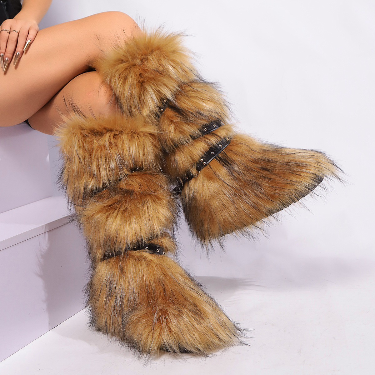 Fur Rivets Strappy Knee High Round Toe Solid Thick Heel White Snow Brown Men Women Winter Boots Arrivals 240909
