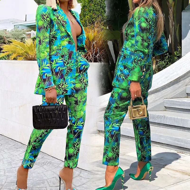 Autumn Women Pant Suits Green Jungle Print Blazer Vintage Streetwear Long Sleeve Coat and High Waist Trouser 2 Piece Set
