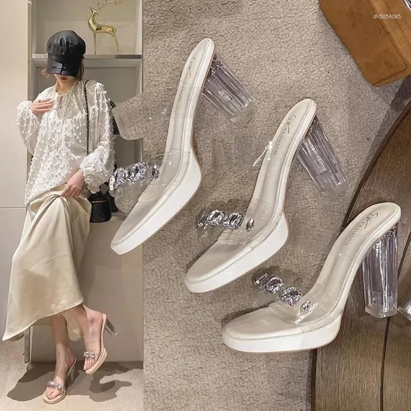Slippers 2024 Transparent Women's Designer Elegant Crystal Open Toe High Heels Banquet Sandals Plus Size 35-42