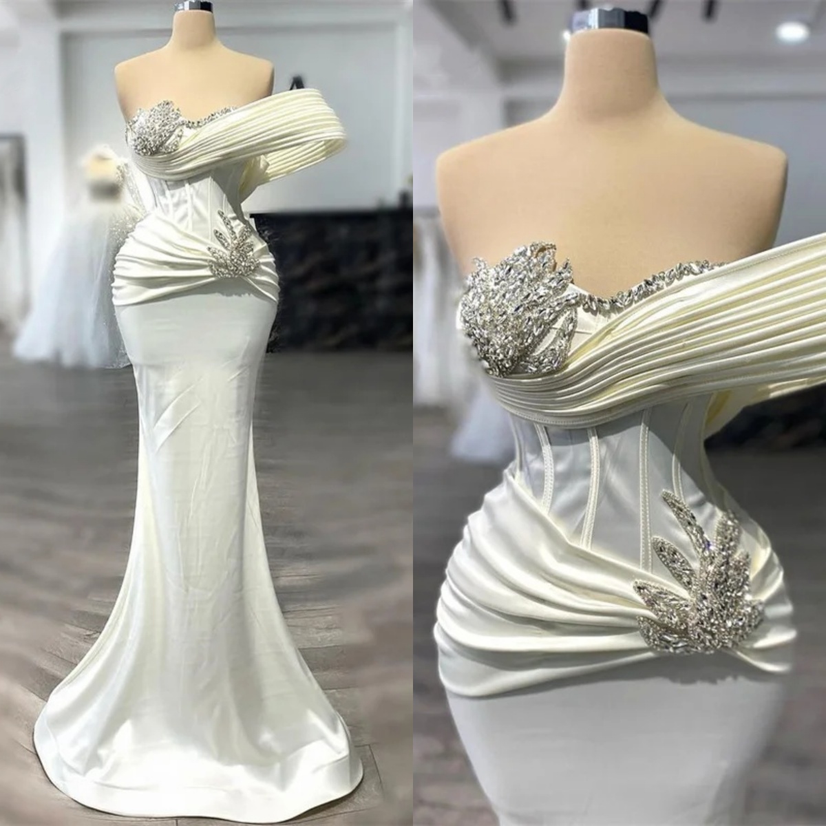 Simple Wedding Dresses One Shoulder Mermaid Crystal Bride Gowns Customize Sleeveless Satin Sweep Train Bridal Dress Plus Size Vestido De Novia 0219