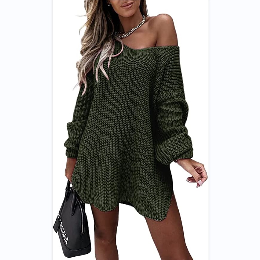 Casual Dresses Solid Color Loose Knit Sweater Autumn And Winter New Style Pullover V-Neck Sweater For Women