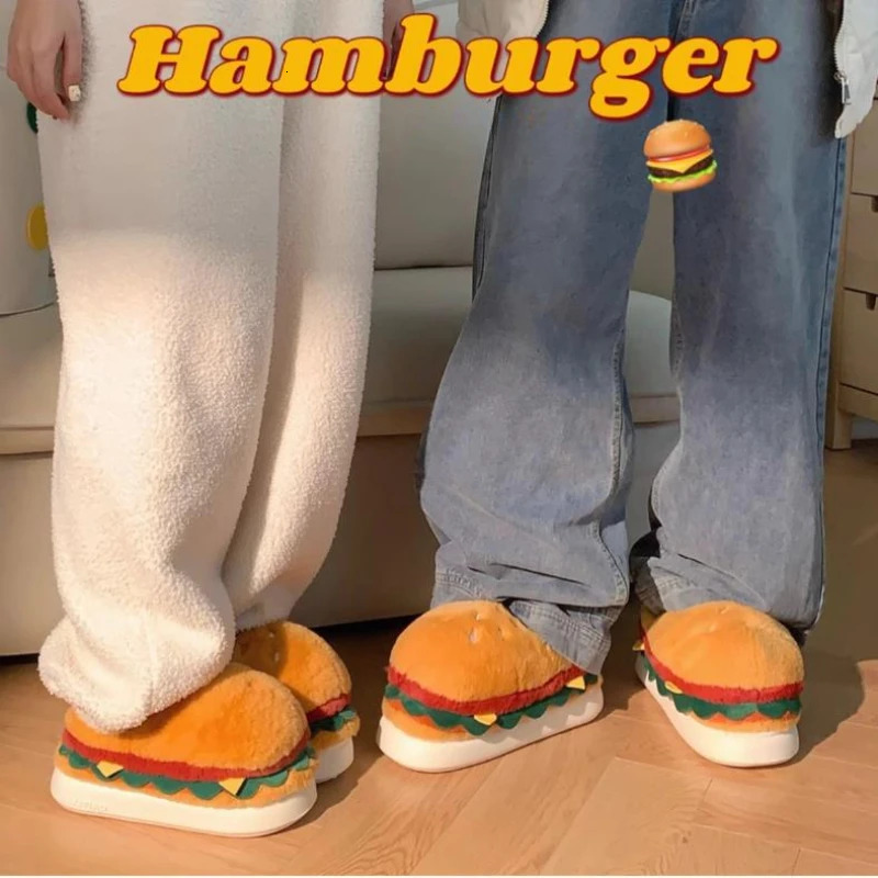 Women Winter Warm Slippers Cute Cartoon Hamburger Home Floor Platform Shoes Thick Sole Soft Plush Girls Indoor Fluffy Slipper 241211