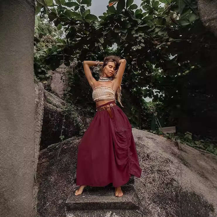 New European American Women's Casual Half With Drawstring And Large Pockets, Bohemian Loose Organic Cotton Long Skirt
