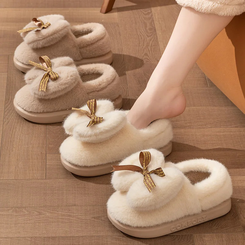 Bow Cloud Winter Womens Slippers Fluffy House Cotton Shoes EVA Indoor Slippers Living room warm soft Female Ladies Slippers 241211