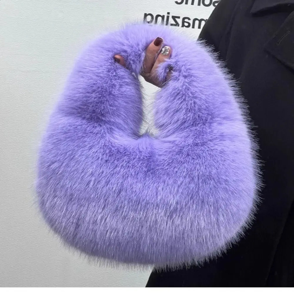 y Soft Plush Half Moon Bag Fluffy Party Clutch Lady Handbags Female Winter Purse Faux Fur Casual Tote 241210