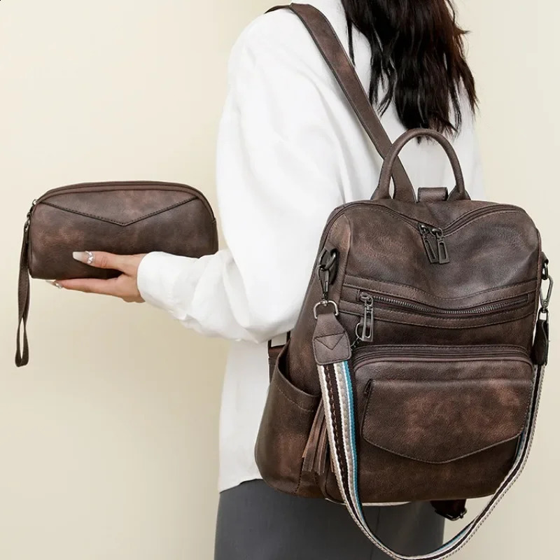Backpack for Women Large Womens Leather Travel Fashion Purse Ladies Shoulder Bags with Tassel Twotoned Brown 241203