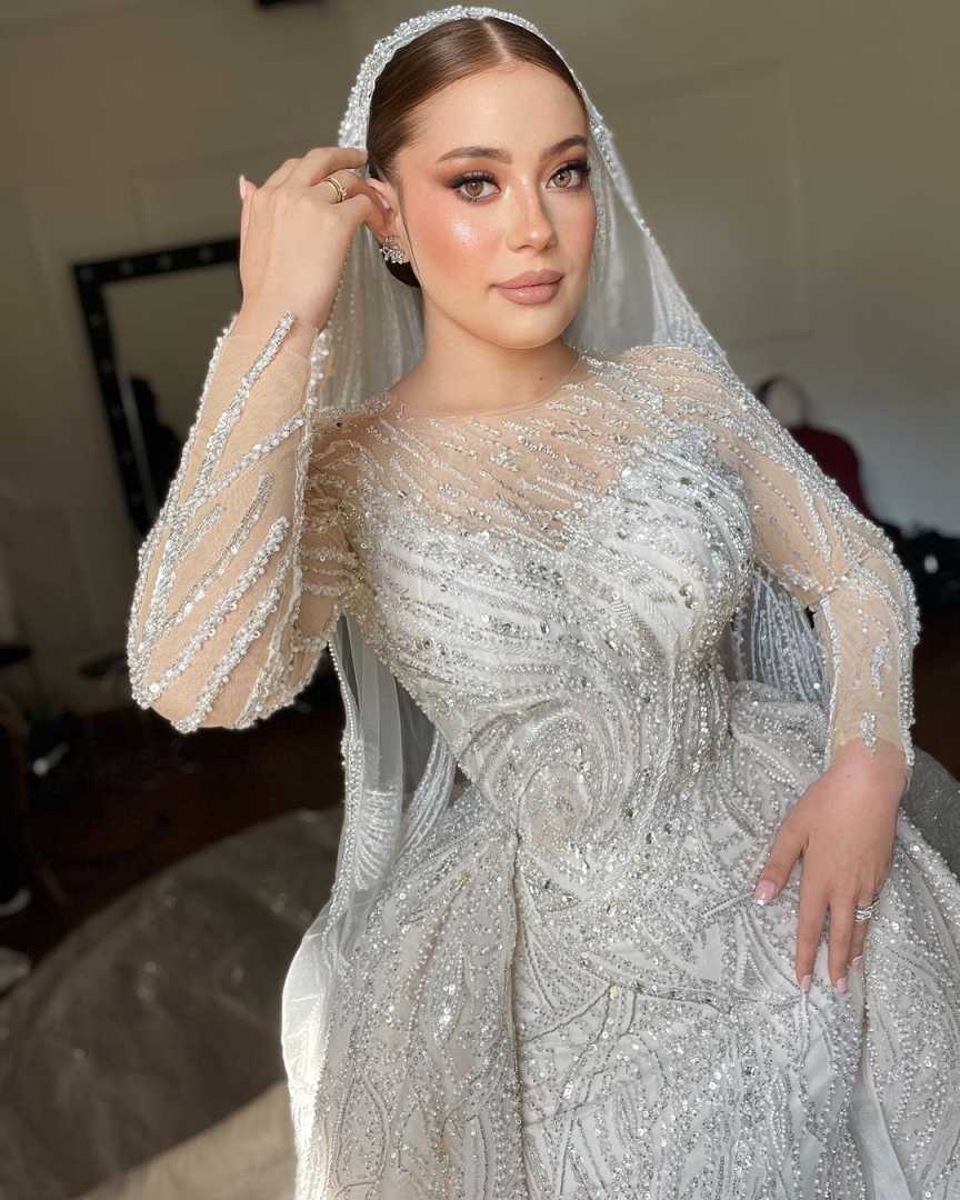 Mermaid Dresses For Women O Neck Long Sleeves Gown Sequins Appliques Sweep Train Customized Dress Party Vestido De Novia