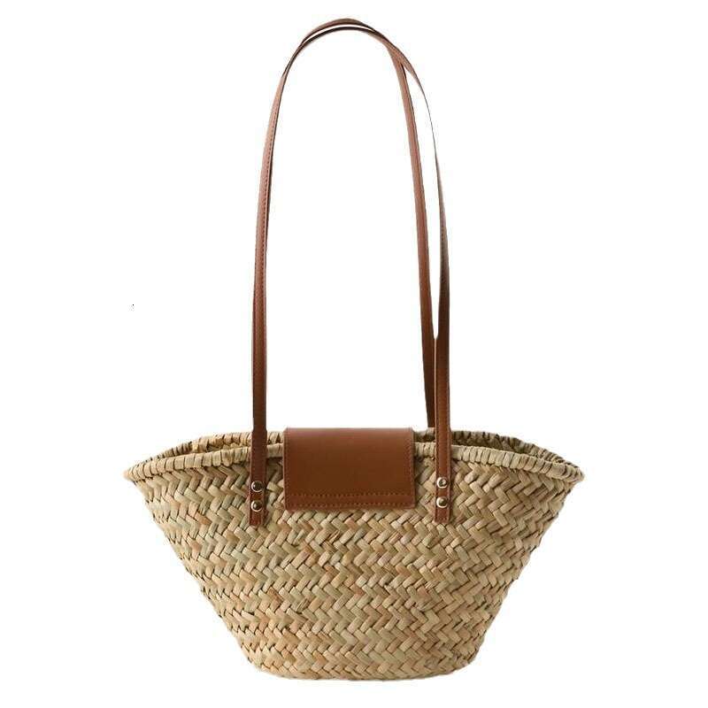 Natural grass single shoulder new PU splicing vacation beach bag, versatile rattan woven bag