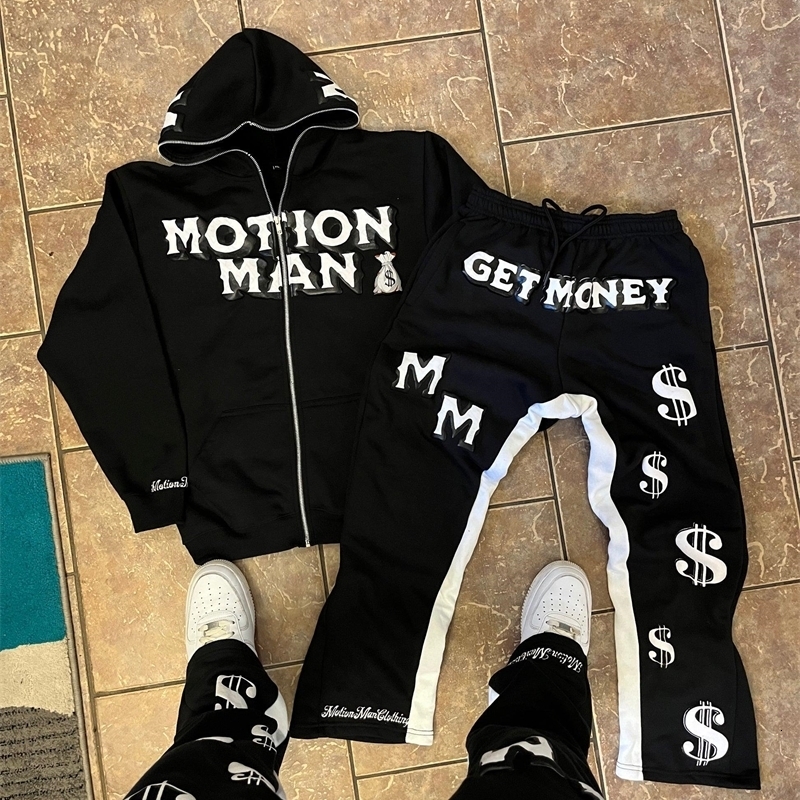 Autumn Winter Sport Y2K Street Europe Hip Hop Set Loose Zipper Hoodie Two Piece High Waist Pant Sweatshirt Sportswear 241203