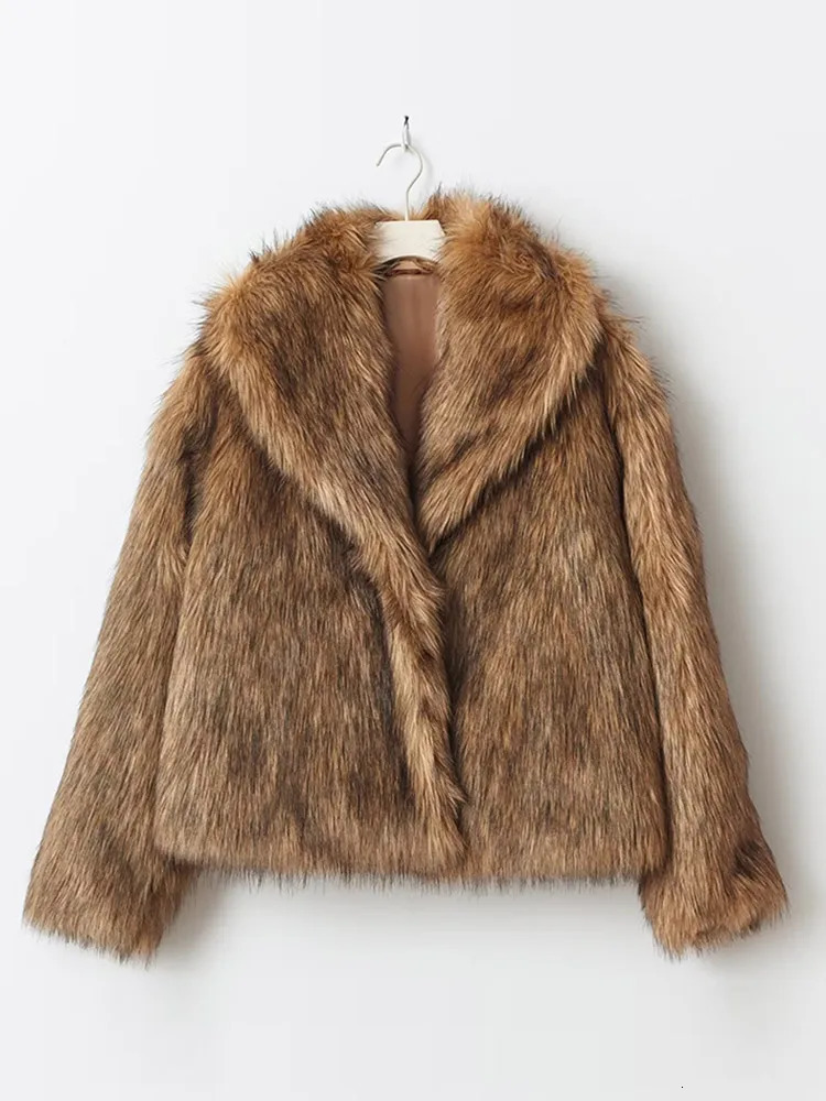 2025 Women Chic Brown Oversized Full Sleeve Plush Furry Jacket Winter y Lapel Thicken Fluffy Fur Coat Lady High Streetwear 241211