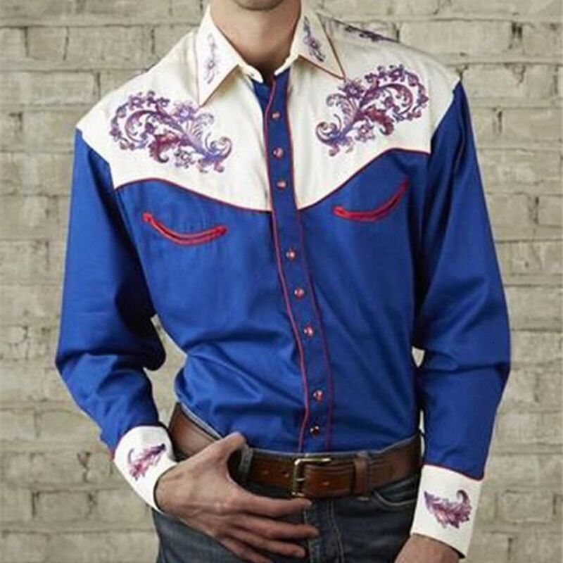 2024 new men's fashion embroidered shirt american western style pattern embroidered loose long sleeve shirt