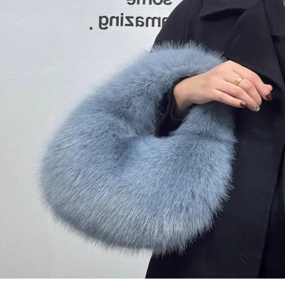y Soft Plush Half Moon Bag Fluffy Party Clutch Lady Handbags Female Winter Purse Faux Fur Casual Tote 241210
