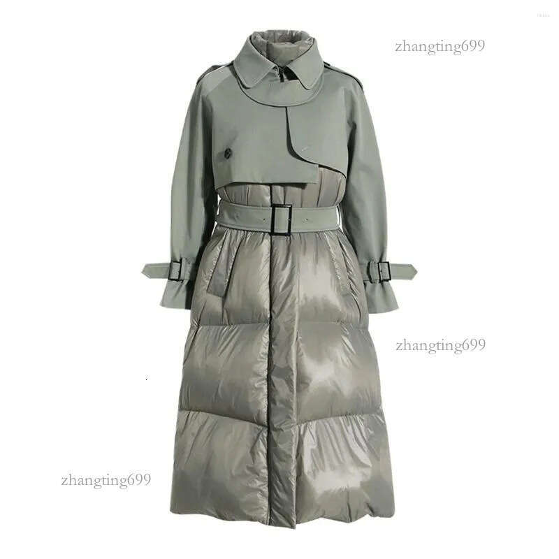 Women's Trench Coats Long Thick Cotton Padded Jacket High Collar Windbreaker Splicing Women's 2023 Winter Two Piece Set