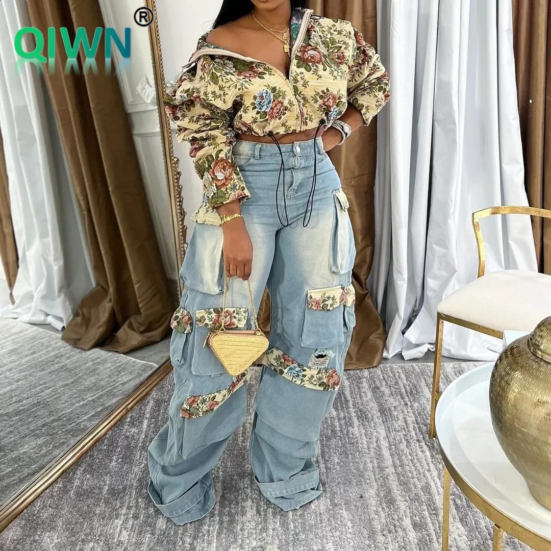 Denim Outfit Women Floral Patchwork Zipper Fly Drawstring Cropped Jacket Pockets Cargo Jeans 2 Piece Set Streetwear Tracksuits 241209