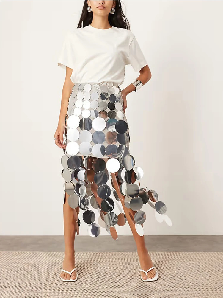 Womens sequin Skirt high waisted hollow high-quality party club Fawhion shining and sparkling Skirt autumn Midi Skirt 241211