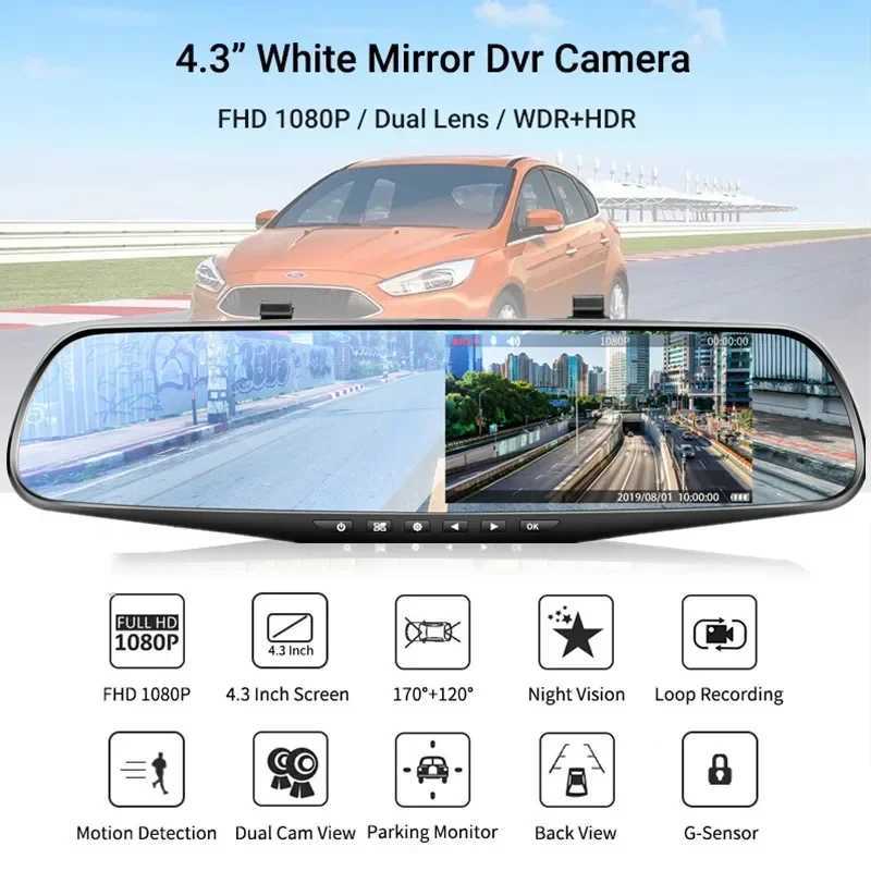 Car DVRs 4.3 Inch Driving Recorder Car DVR Rearview Mirror Dual Lens Car Recorder 1080P IPS Front and Rear Camera Registrar Black Box New H250206