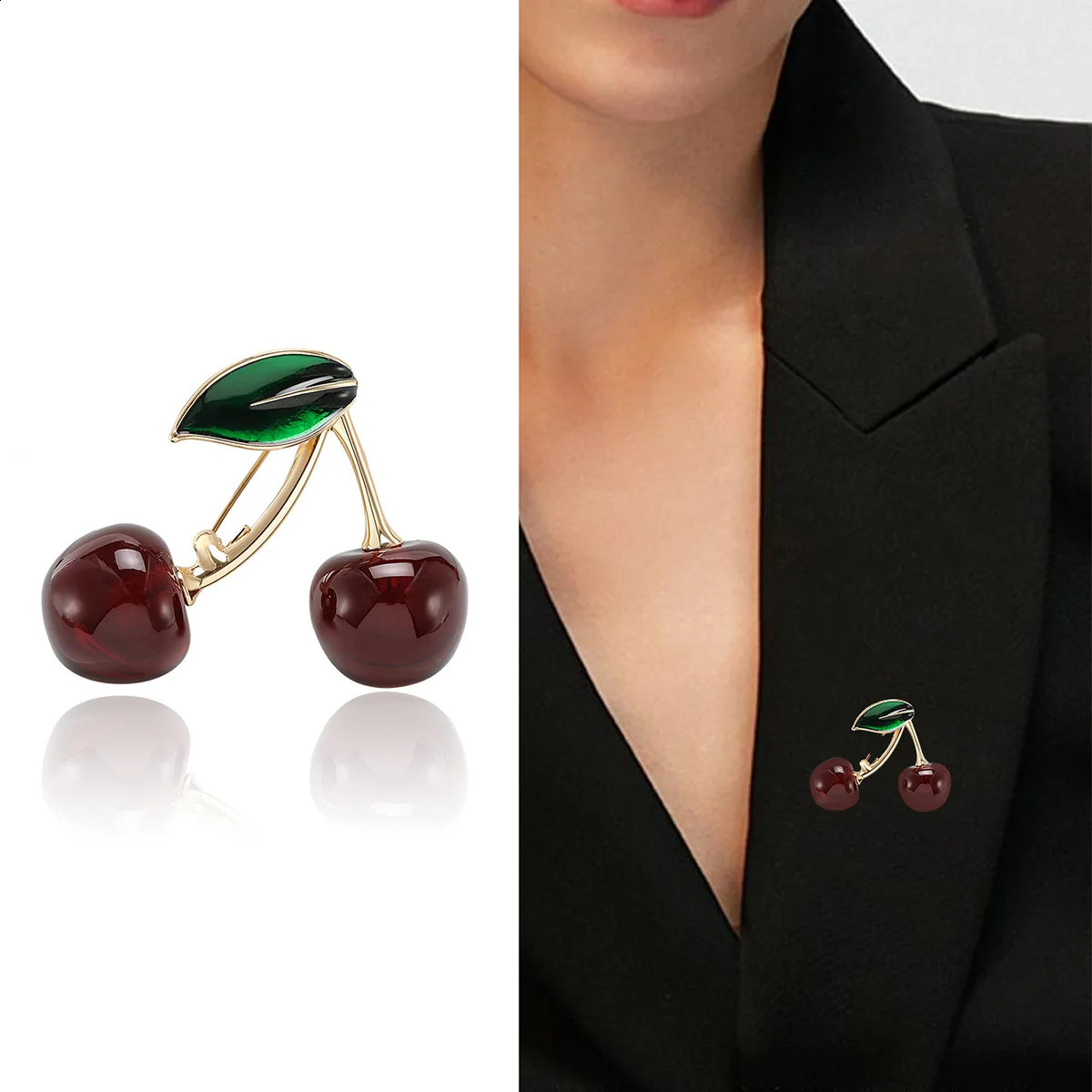 Fashion Crystal Red Cherry Brooches For Women Clothing Cute Alloy Crystal Fruit Enamel Pins Party Jewelry Gifts 241211