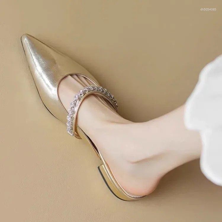 Slippers Pointed Toe Low Shoes Mules For Women 2024 Ladies' Glitter Slides Cover Sier Jelly Flat Crystal Rome Hoof Heels Fabri