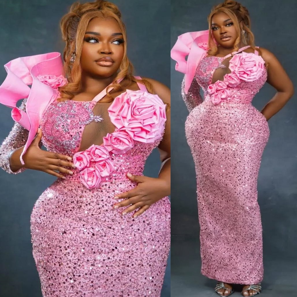 Pink Sheath Prom Dresses 2025 Flowers Rhinestones Sequined Evening Formal Party Second Birthday Engagement Gowns Plus Size Dress For Special Occasions