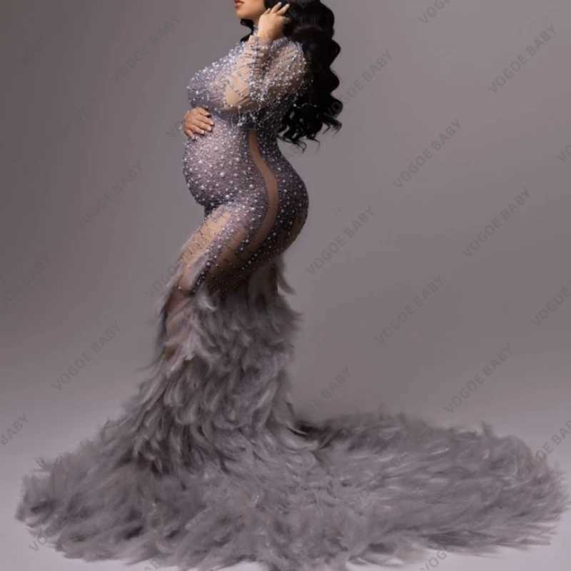 2 pieces of beaded maternity photography dress sparkling feather dress maternity swimsuit maternity swimsuit maternity wedding photo shoot W241211