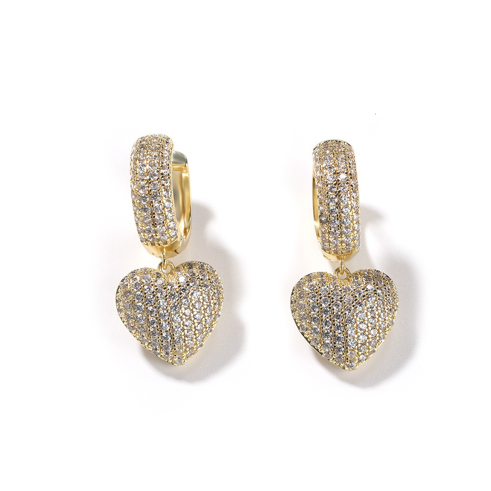 Hip Hop Cubic Zircon Heart Dangle Huggie Hoop Earrings For Men And Women Full Diamond Love Heart Dangle Ear Ring Bling 18k Rose Gold Cz Stones Pendien