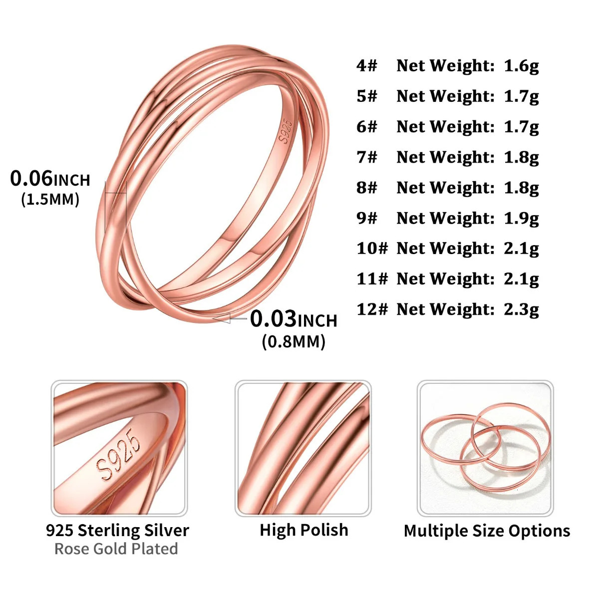 U7 925 Womens Silver Interlocking Ring Triple Interlocking Flat Rolling Ring Anniversary Birthday Jewelry Gift 241209