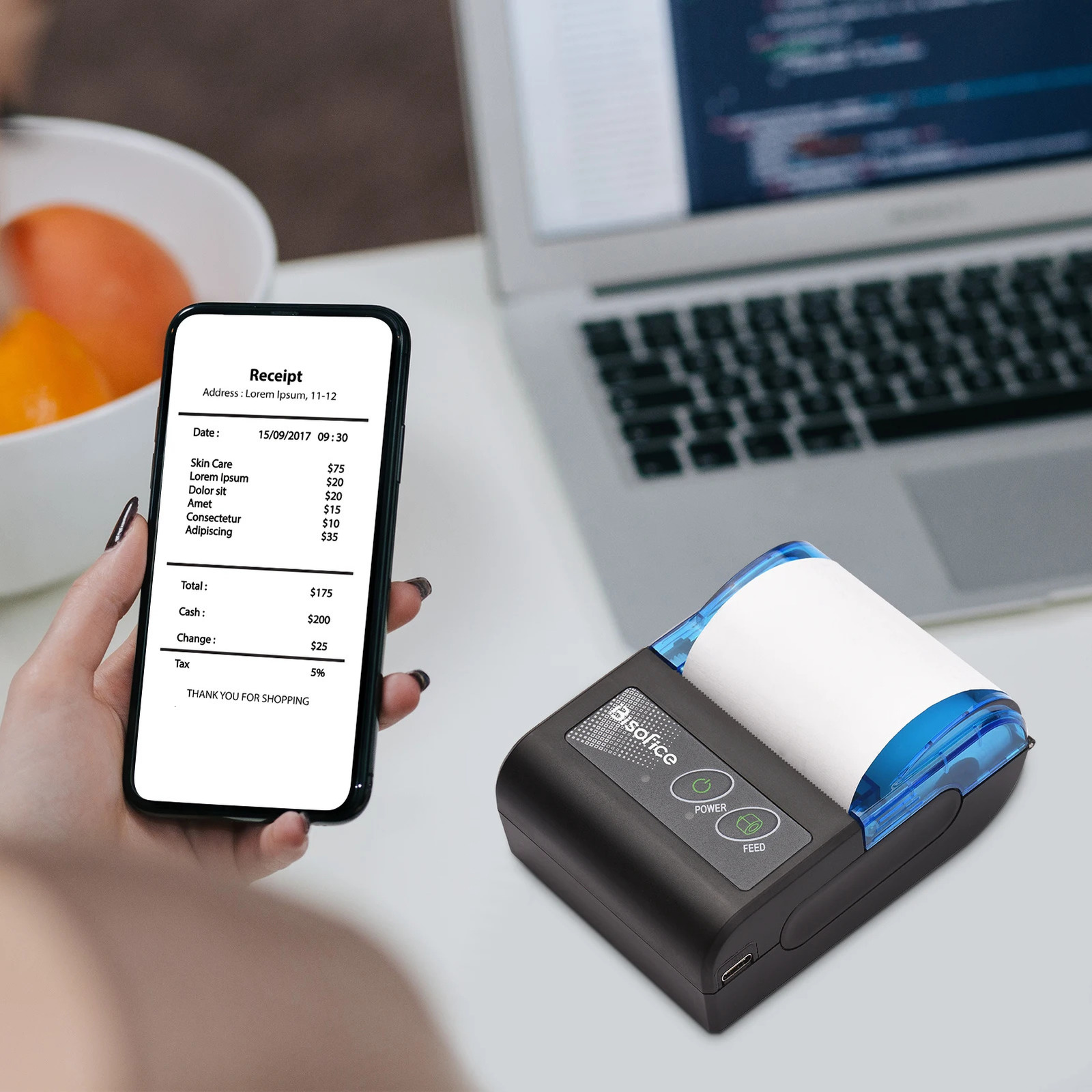 Bisofice portable mini thermal printer 2-inch wireless USB receipt and receipt printer with 58mm printing paper suitable for restaurants 241206