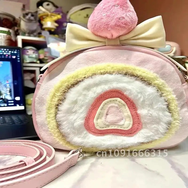 Cute Plush Strawberry Cake Roll Bags For Women Kawaii Pink Lolita Backpack Christmas Gift Quadratic Element Adjustable Strap 241210