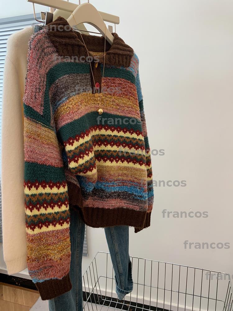 American Retro Colorful Sweaters Button Turtleneck Soft Sweater Knitted Women Top Autumn Winter Pullover Knitted lapel Clothing CYP2412092 PTP1