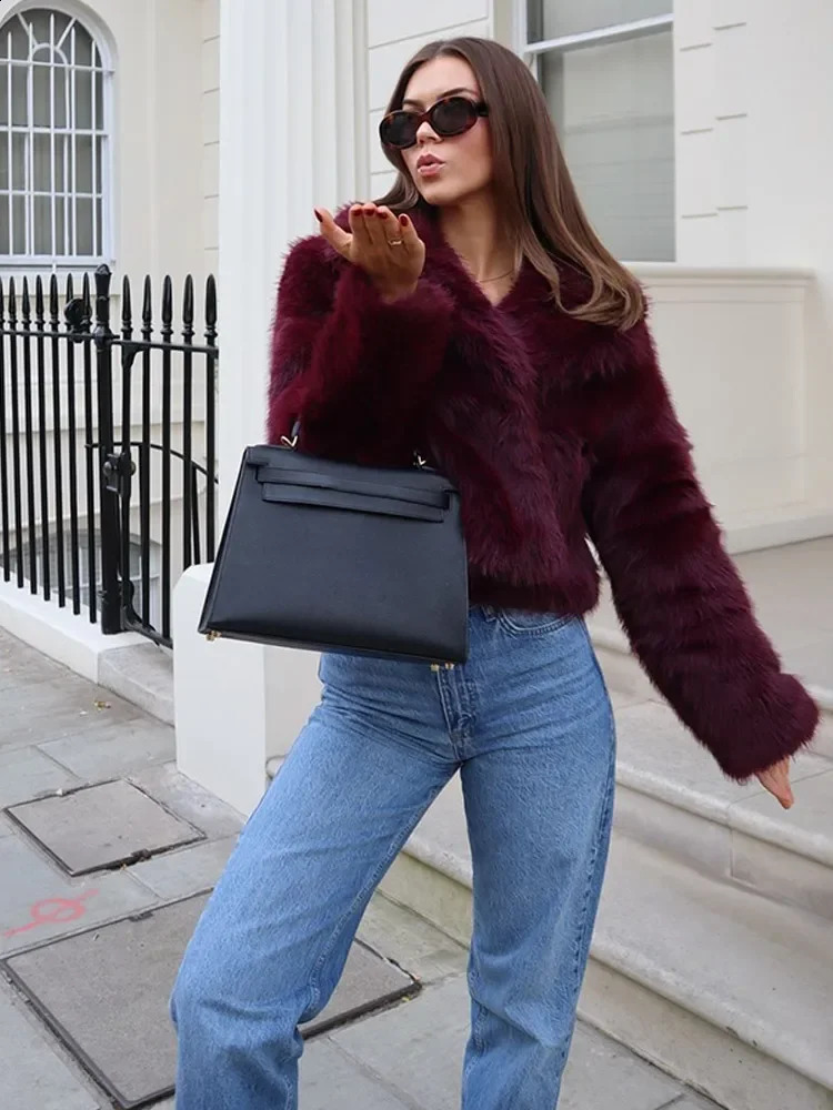 Fashion Burgundy Red Fluffy Faux Fur Short Coat Solid Lapel Full Sleeve Warm Jacket Winter Chic High Street Outerwear 241202 - view 7