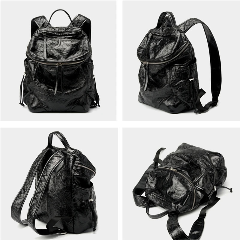 Burminsa Pleated Cowhide Genuine Leather Backpack For Women 2025 y ner College Girls School Bags Black Travel Bagpack 241227