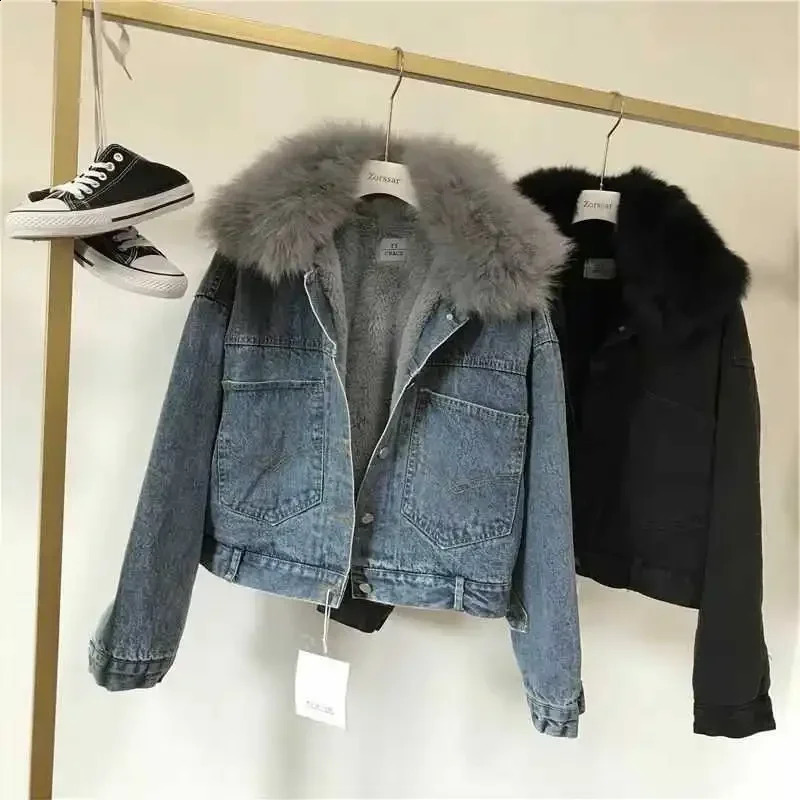 Crop womens denim jacket lined with fur plush warm shorts winter used for refrigerated womens denim jacket small wool inner and outer sleeves 241210