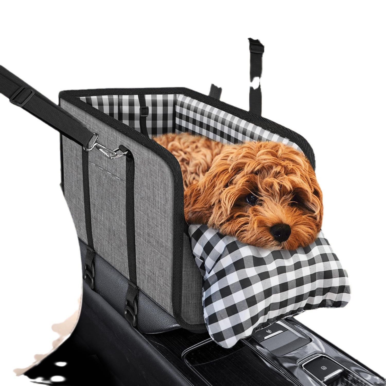 Pet Portable Dog Booster Seat with Soft Cushion - Car Armrest for Small Dogs & Safety Seat Belt Included