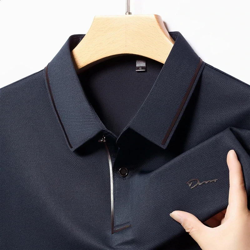 mens business casual long sleeved shirt with badge solid color polo fashionable breathable and comfortable lapel top y250321