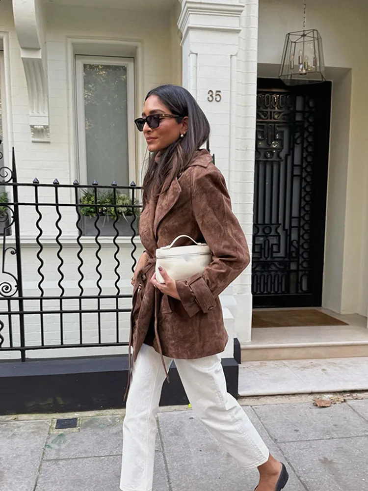 Vintage Belt Suede Cropped Womens Trench Coat Full Sleeve Double Breasted Windbreaker Jackets 2024 Commute Loose Overcoats 241205