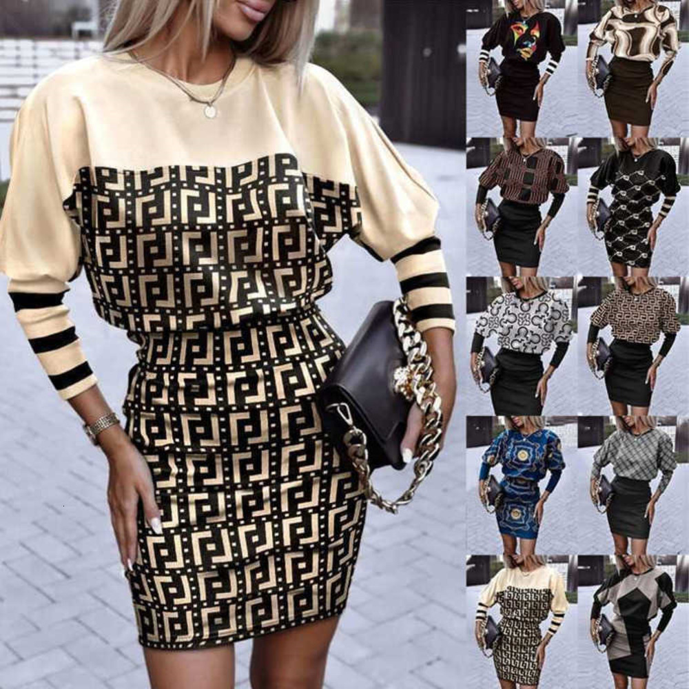 Retail Women Designer 2025 New Dresses Fashion Print Waist Round Neck Long Sleeve Dress One Piece Skirt 8 Colors