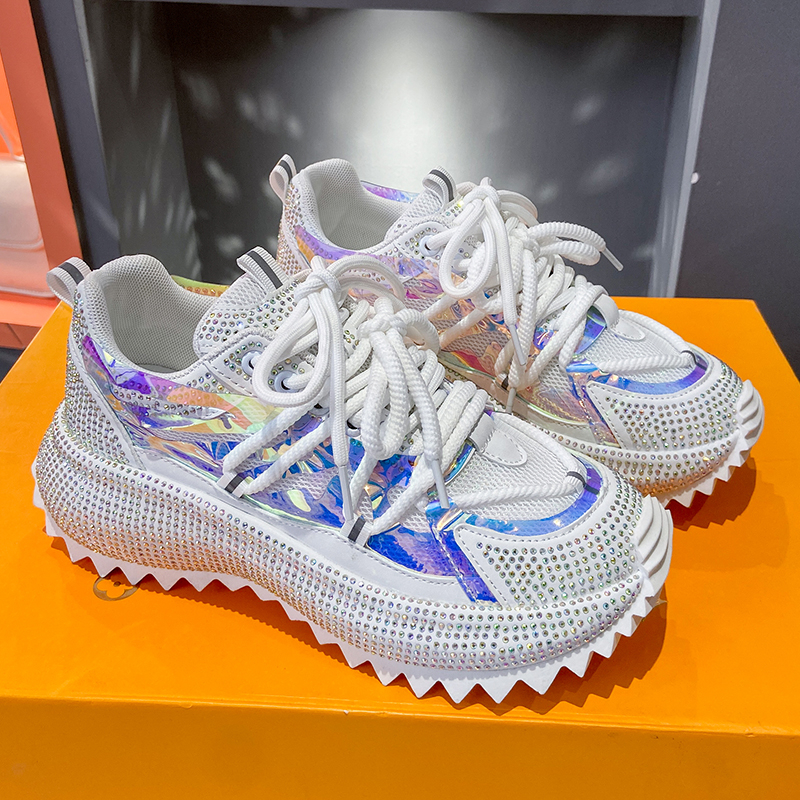 2025 New Women's Cross Lace up Thick Bottom Casual Fashion Running Shoes Luxury Full Diamond Casual Shoes High Quality Designer Sports Shoes Shin