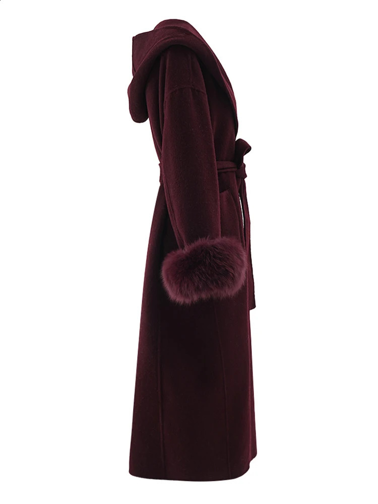EAM wine red fur cuffs large size long wool coat hooded long sleeved womens jacket fashionable trend winter CPG2467 241205
