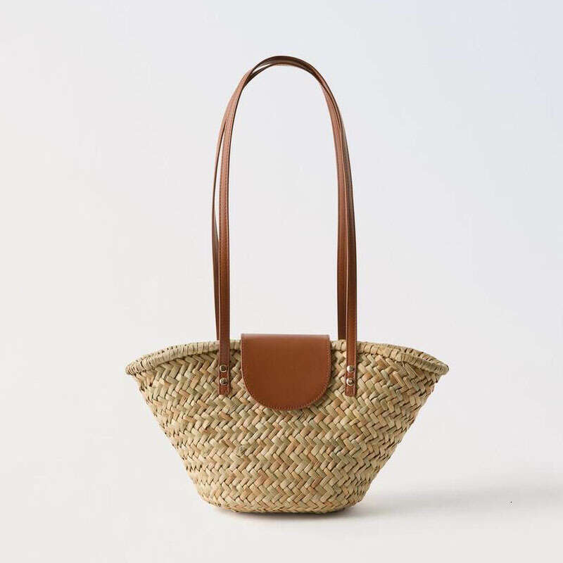 Natural grass single shoulder new PU splicing vacation beach bag, versatile rattan woven bag