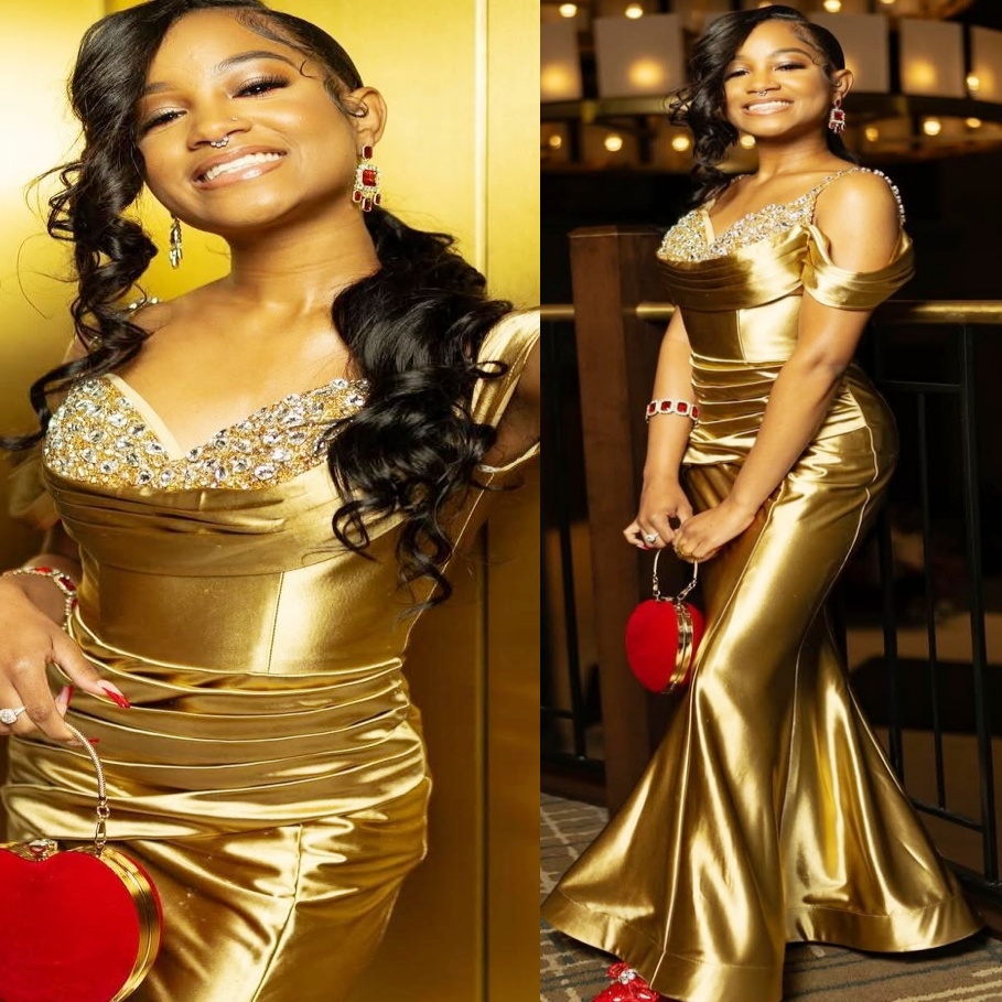 Gold Mermaid Prom Dresses 2025 Beaded Rhinestones Satin Elegant Evening Formal Party Second Birthday Engagement Gowns Plus Size Dress For Special Occa