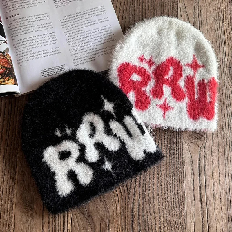 Y2K Letter Plush Knitted Hats Men Womens Autumn Winter Beanie Outdoor Riding Fashion Hats Wool Hip Hop Ear Warm Hat 241211