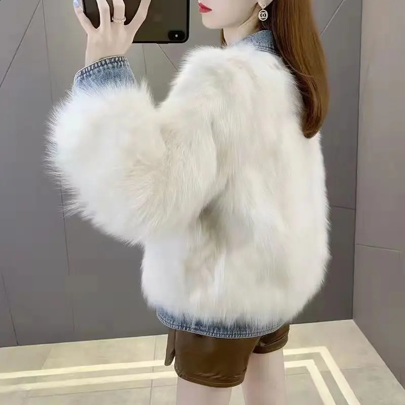 Fashionable womens synthetic mink denim patchwork jacket synthetic fox fur thick denim jacket soft padded open top wool bomber fluffy park top 241210